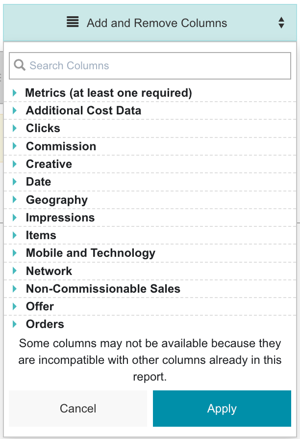 "Add and Remove Columns" pop-in