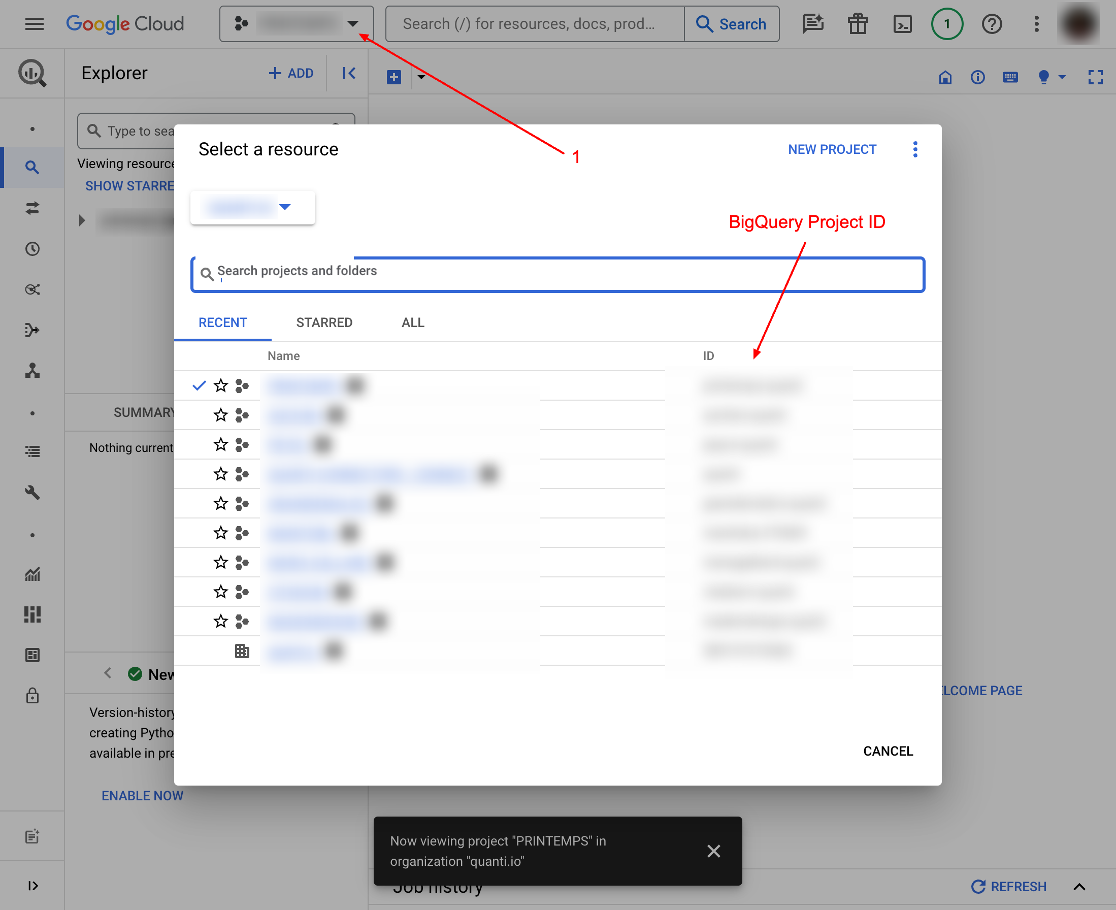 Project ID from BigQuery Interface